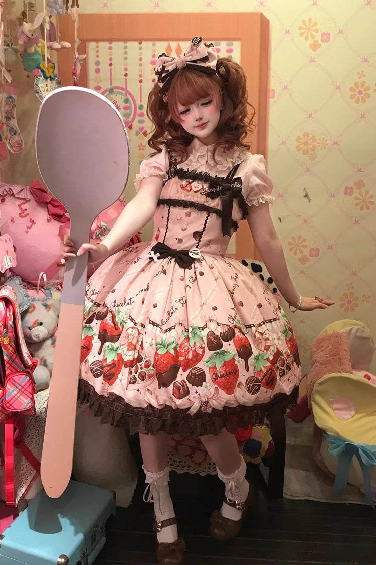 Rosa [Strawberry Chocolate Lover] Ärmelloses, bedrucktes, gerüschtes, besticktes, süßes Lolita JSK-Kleid mit Spitze