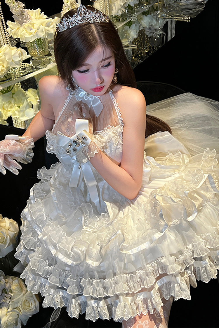 Robe Jsk Lolita Princesse Douce en Dentelle avec Nœud Papillon Hanayome à Volants et Col Halterneck Blanc [Love God Bride] 