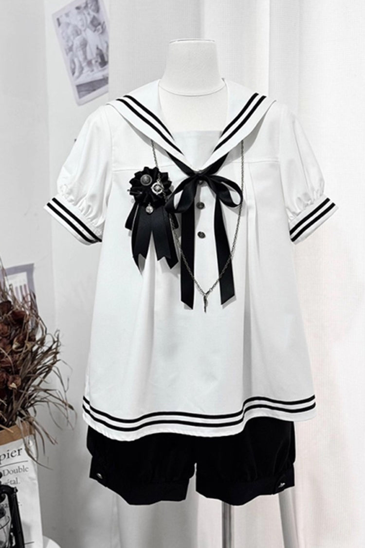 Black/White [Old Stories] Navy Collar Short Sleeves Bowknot Ouji Gothic Lolita Blouse Shorts Set