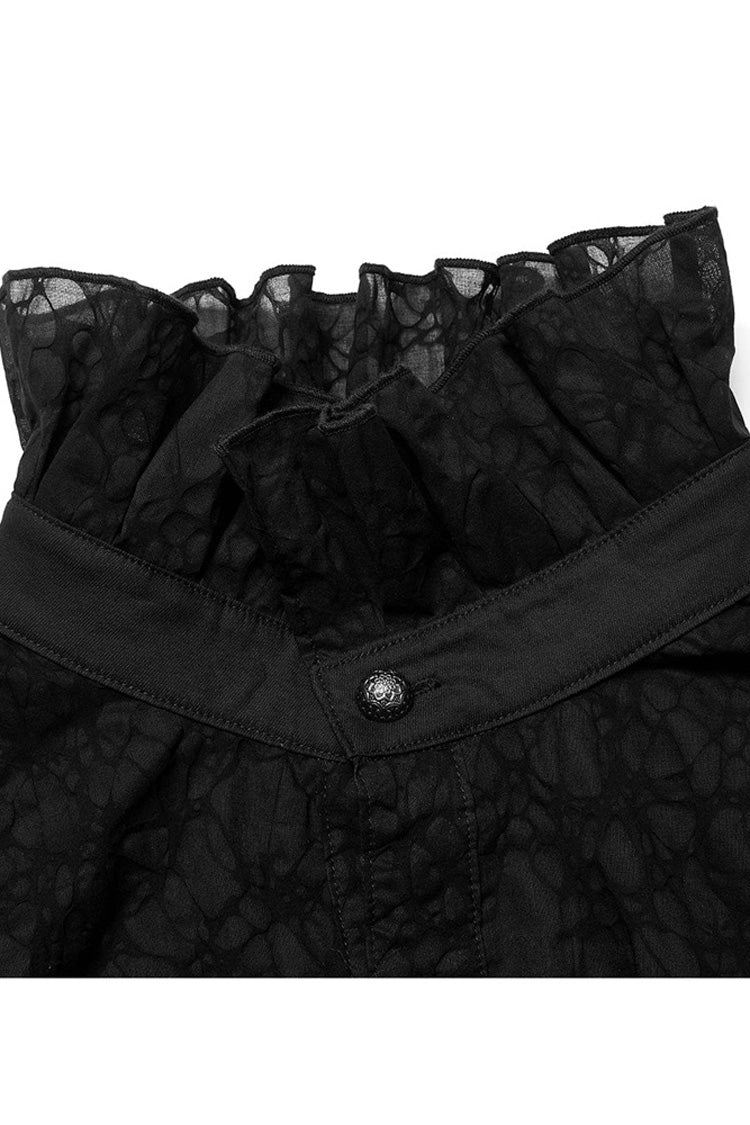 Black Gothic Long Sleeve Mesh Texture Fabric Lace Pleated Ruffle Tie Design Men's Shirt