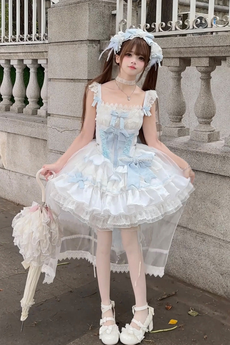 Bleu/Blanc [Nuages et Brume] Robe Lolita Jsk Princesse Douce à Volants Multi-Couches avec Nœud Papillon en Dentelle 