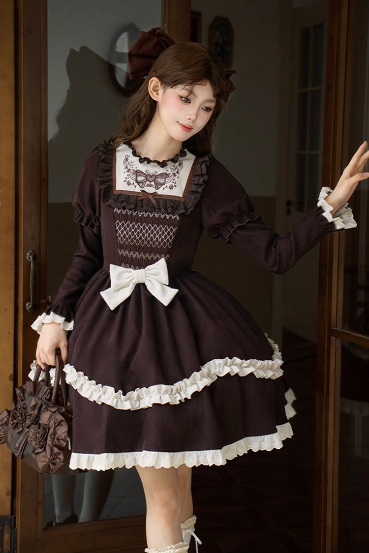 Brown [Miss Brown] Long Sleeves Double-Layered Ruffle Bouquet Embroidery Bowknot Sweet Lolita Dress (Short Version)