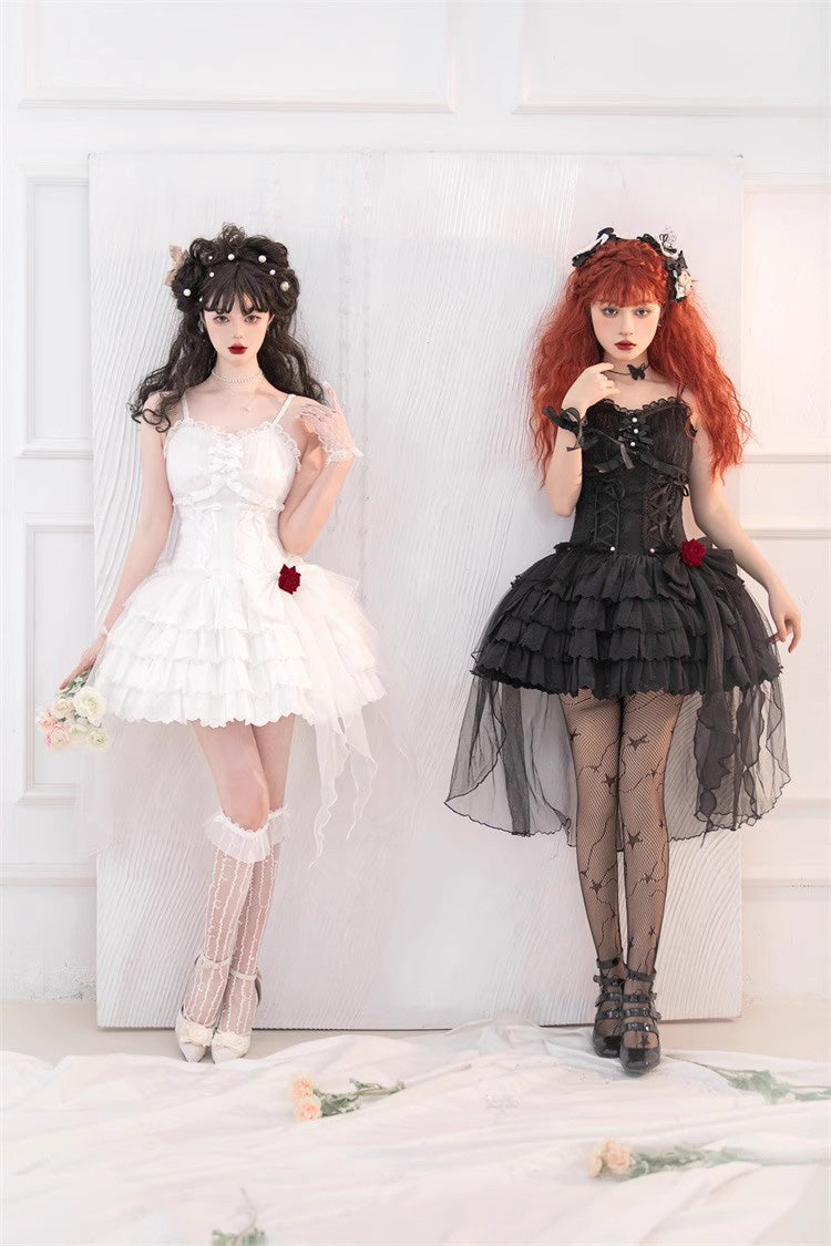 White High Waisted Multi-layer Rose Bowknot Lace-Up Gothic Lolita Jsk Dress