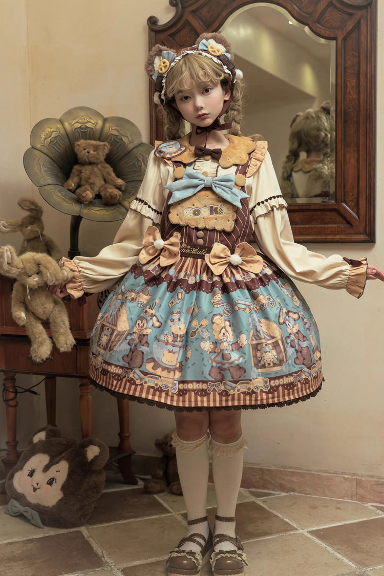 [Bear Cookies] Print Ruffle Bowknot Sweet Lolita Strap Dress 2 Colors