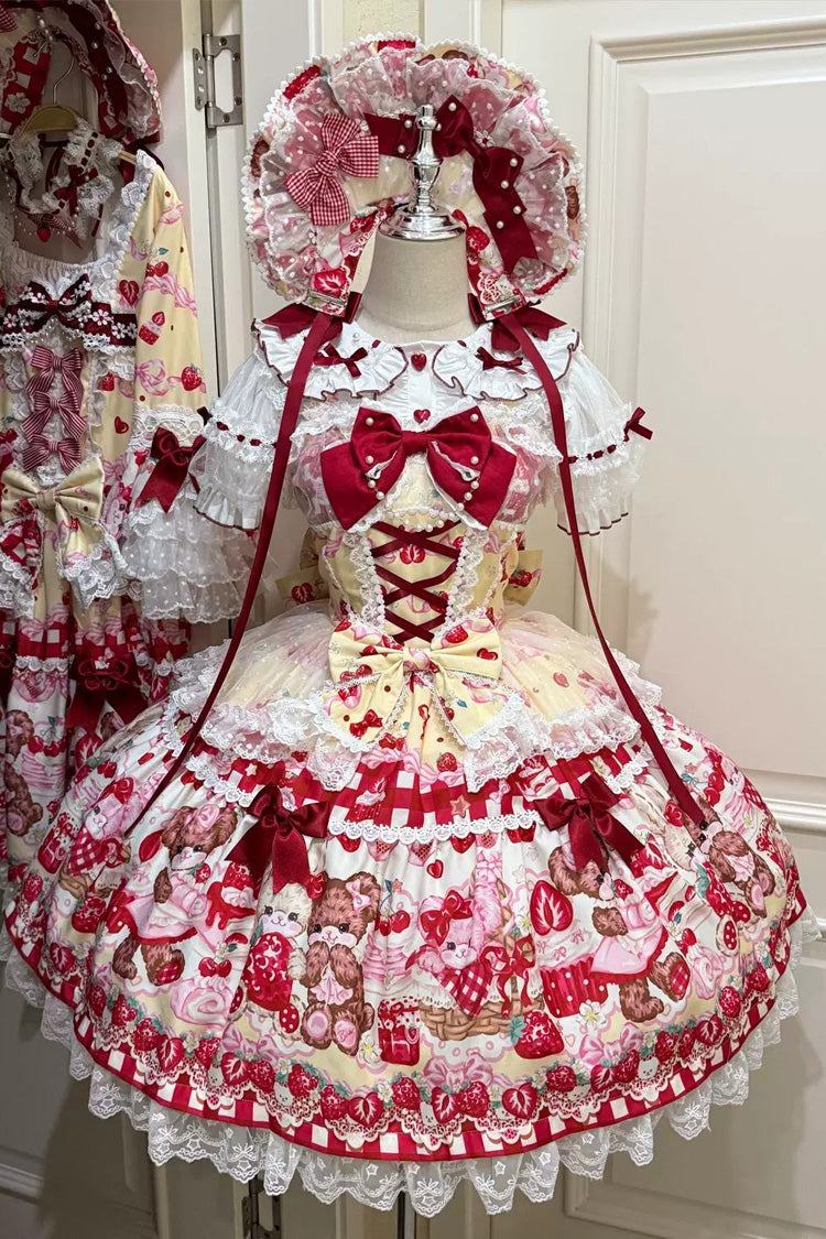 Robe Sweet Lolita Jsk à lacets avec nœud imprimé rouge/jaune [Sweet Berry Bunny Bear]