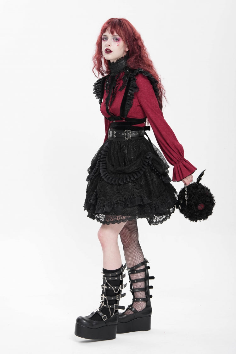 Black Multi-Layered Ruffle Buckle Straps Women's Gothic Skirt