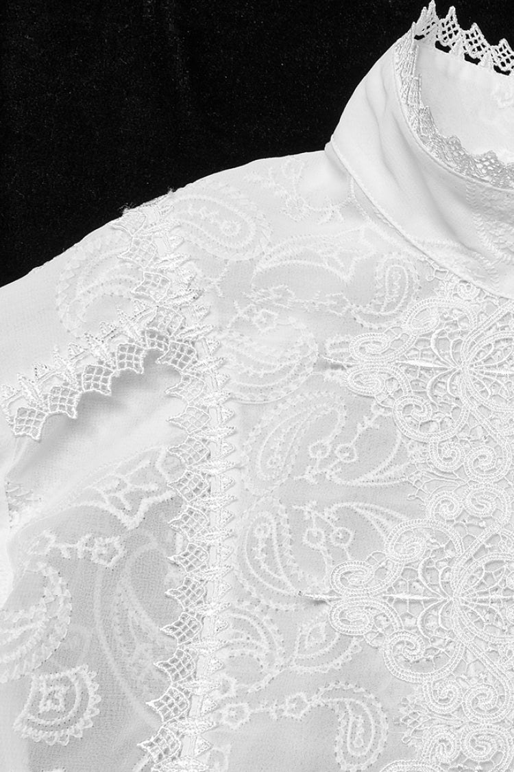 Weiße Stehkragen-Chiffonbluse mit langen Ärmeln und hohler Stickerei für Herren im Gothic-Stil 