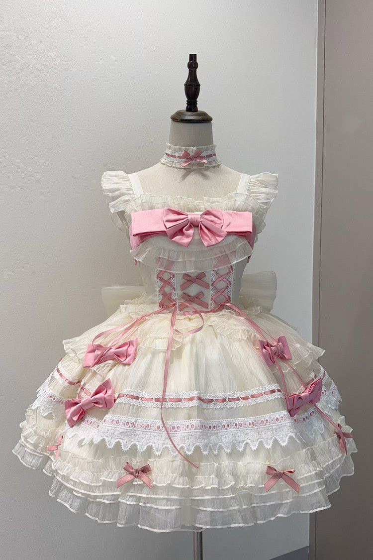 Apricot/Pink [Prelude to Spring Song] Sleeveless Multi-Layered Ruffle Bowknot Lace Sweet Princess Ballet Lolita Jsk Dress