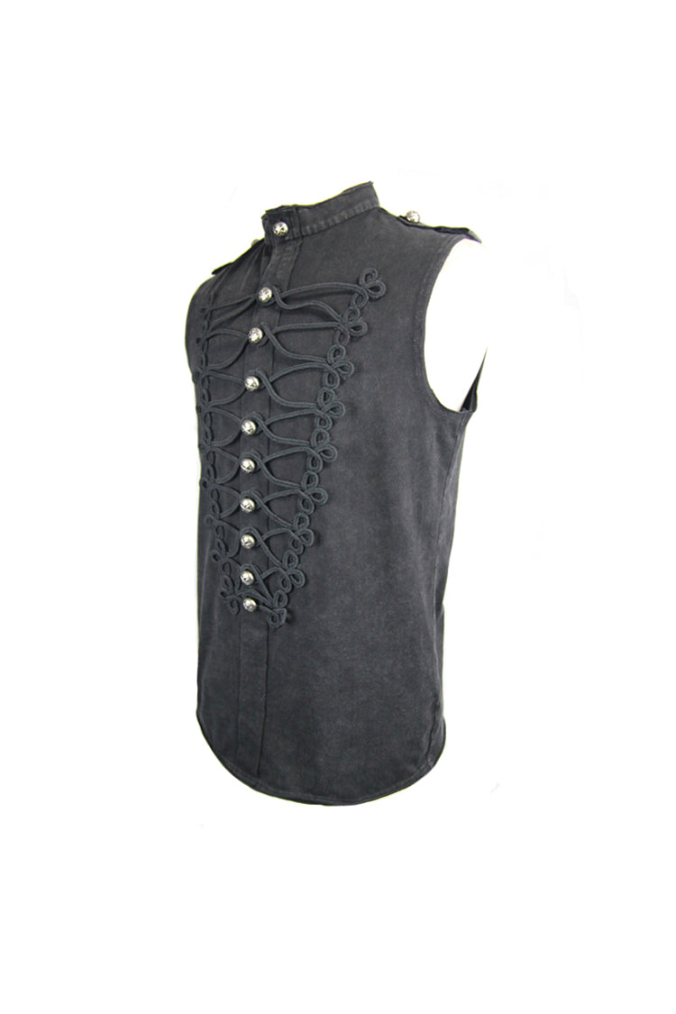 黒軍服スタイル胸中国カエルボタンノースリーブメンズパンク T シャツ
