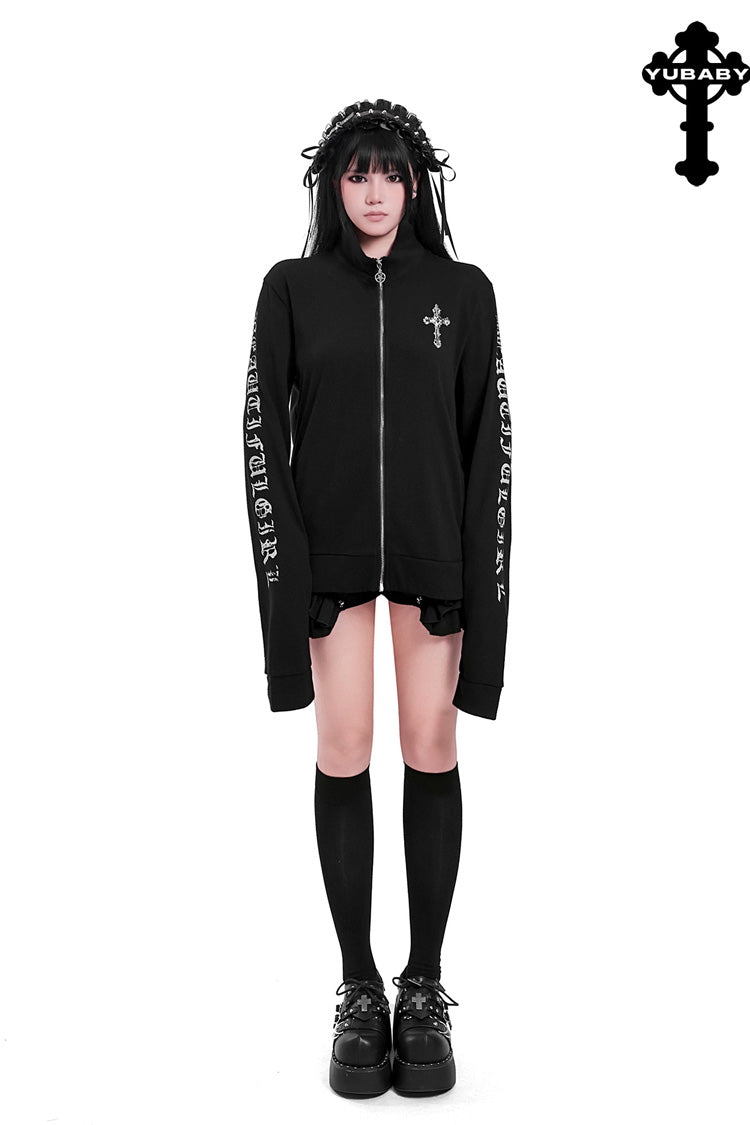 Black Long Sleeves Angel Wing Cross Print Letter Print Women's  Punk Style Jacket