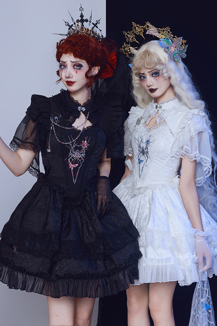 Black Sleeveless Spider Embroidery Bowknot Lace Gothic Princess Lolita Skirt Two-piece Set