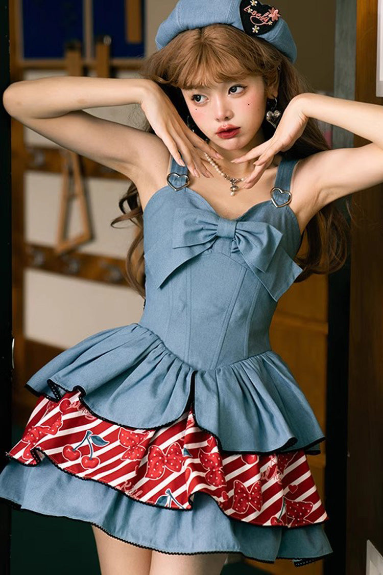 Blue [Cherry] Sleeveless Triple-Layered Print Ruffle Bowknot Denim Sweet Japanese Vintage Lolita Jsk Dress