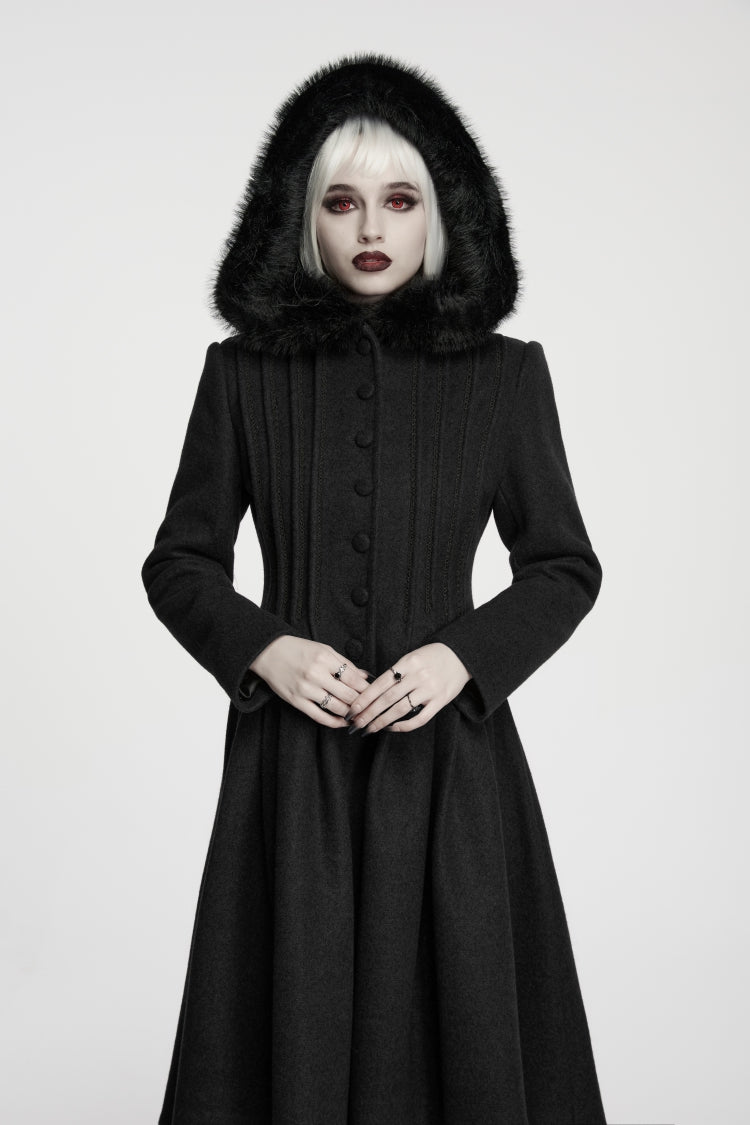 Manteau luxueux de princesse noir à manches longues et à lacets, coupe ajustée, simple boutonnage, à capuche, pour femmes