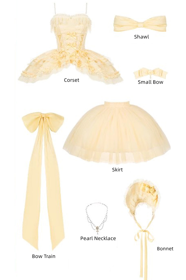 Yellow [Sissi's Pilgrimage] Off Shoulder Ruffle Bowknot Lace Sweet Lolita Skirt (Short Version)