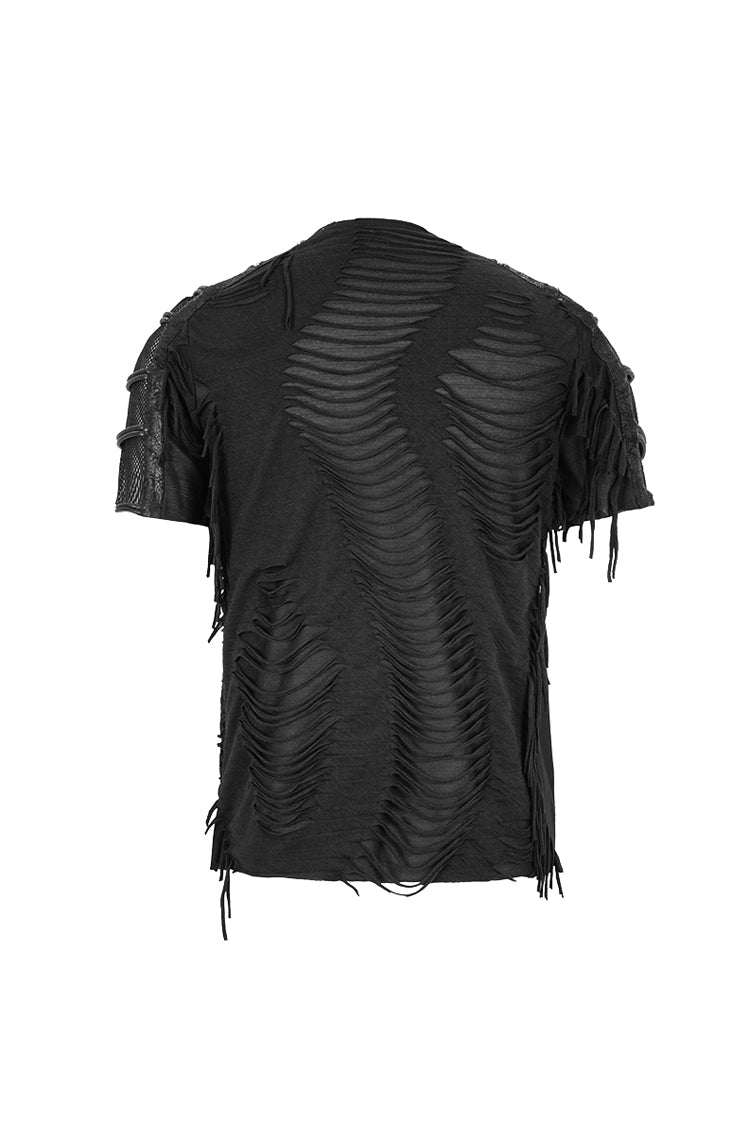 Black Tattered Striped Shoulder Splice Mesh Short Sleeve Men's Punk T-Shirt