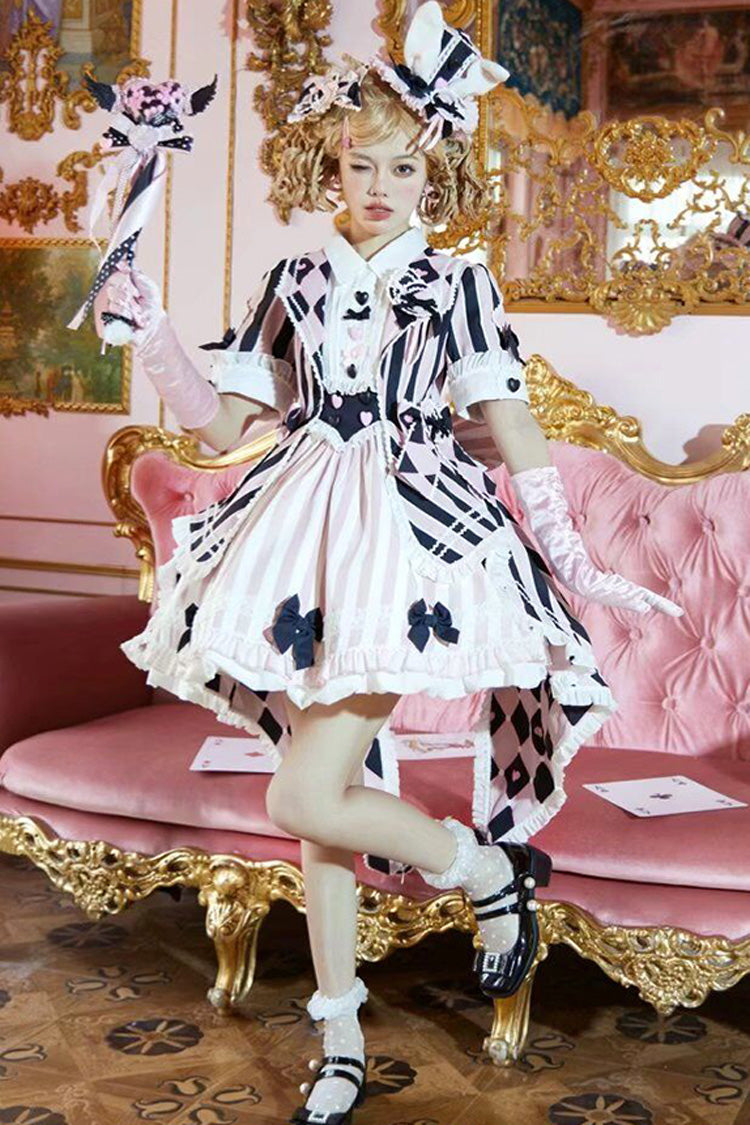 Black/Pink Short Sleeves Weird Theater Print Ruffle Bowknot Sweet Lolita Dress
