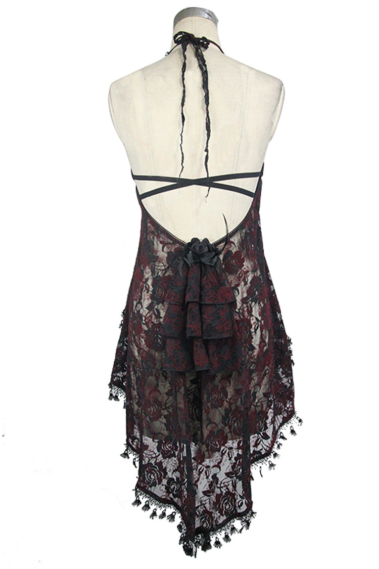 Red Frilly Tassel Hem Halter Lace Women's Gothic T-Shirt