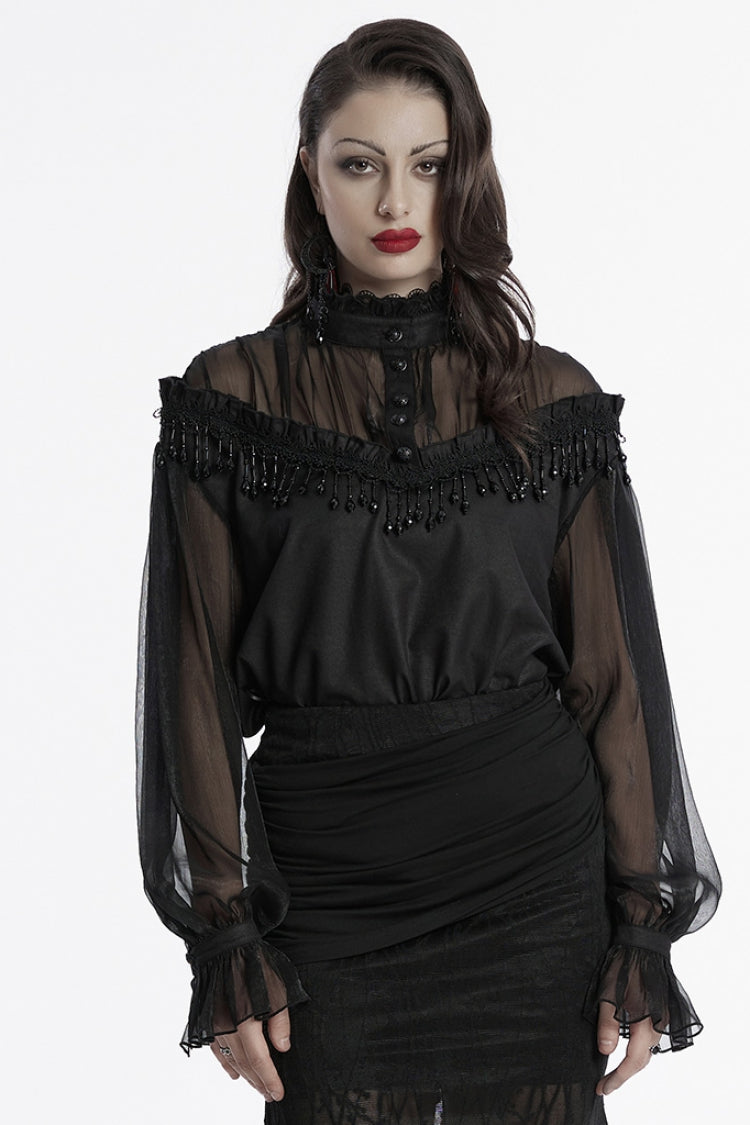 Black Long Sleeves Ruffle Sheer Mesh Women's Gothic Blouse