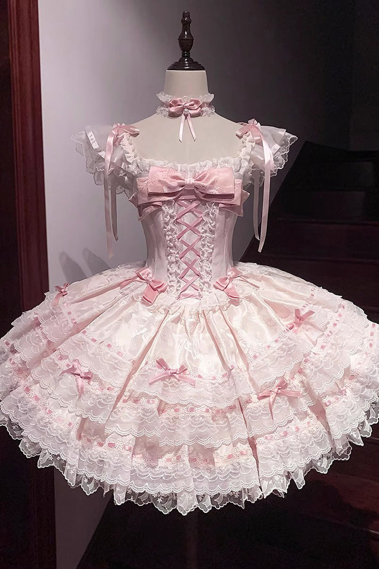 Pink [Flora Isle Butterfly] Sleeveless Ruffle Bowknot Lace Lace-Up Sweet Elegant Lolita Jsk Dress