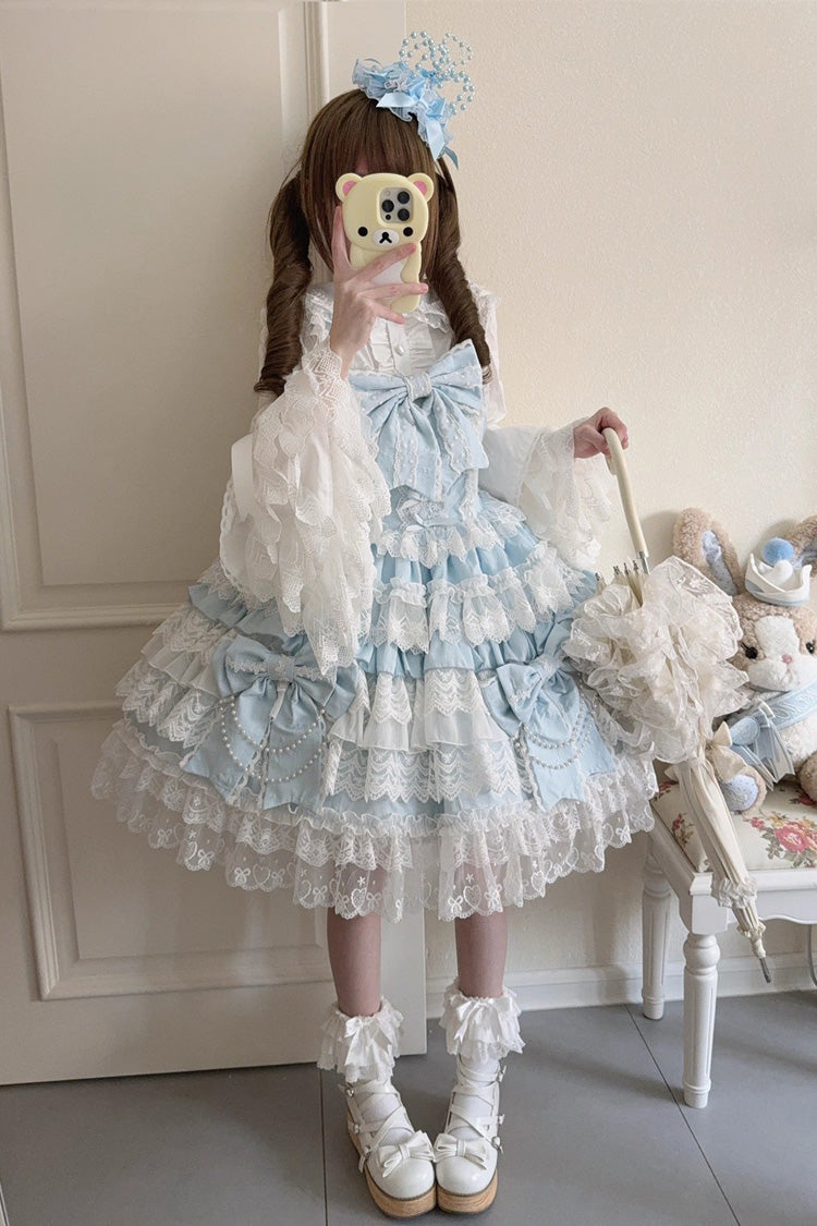 Blue [Knot of the Crossed Heart] Sleeveless Multi-Layered Ruffle Hanayome Cardigan Bowknot Lace Lace-Up Sweet Lolita Jsk Dress