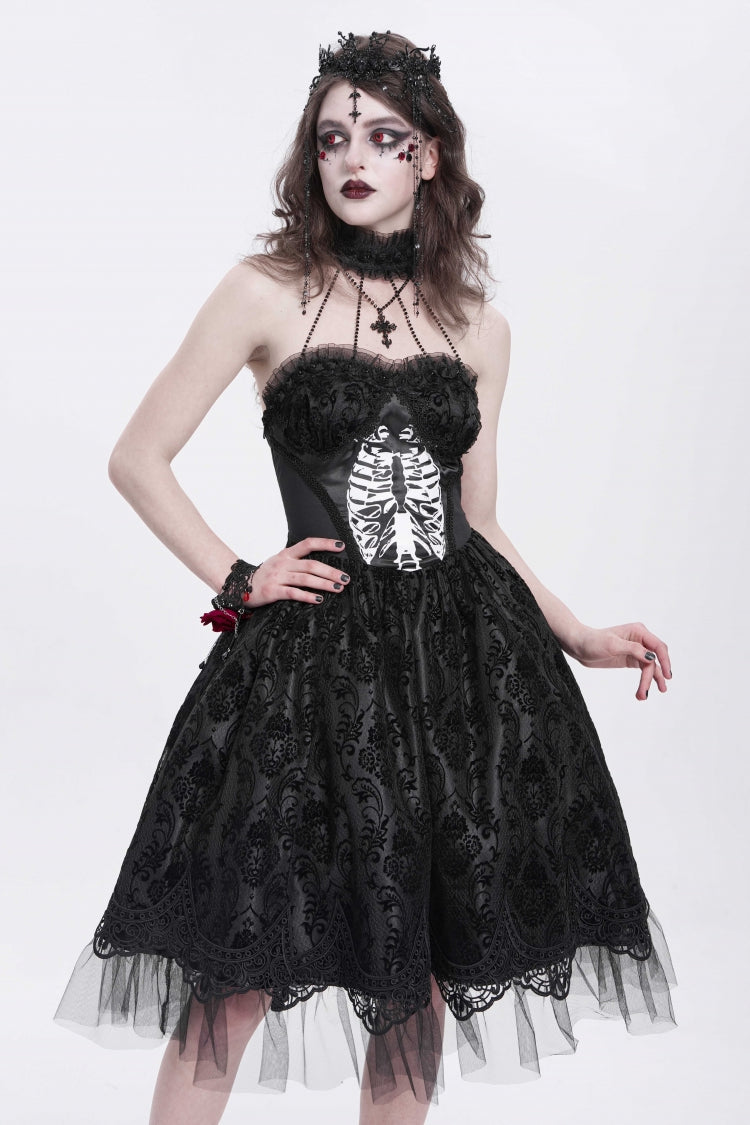 Black Halterneck Skeleton Print Embroidery Stitching Lace Women's Gothic Dress