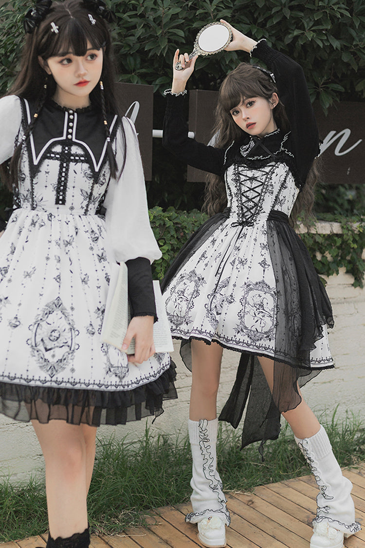 Black/White Long Sleeves Lace Ruffle Butterfly Magic Print Gothic Lolita OP Dress