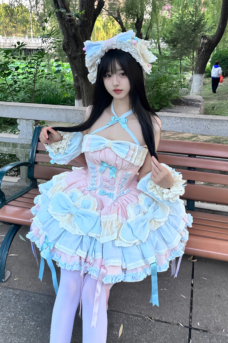 Multi-Color [Ribbon Dance] Multi-Layered Ruffle Bowknot Lace-Up Sweet Princess Lolita Dress