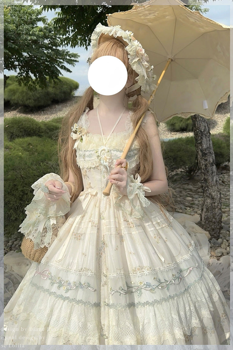 Multi-Color [Daisy Poetry] Print Ruffle Hollow Embroidery Lace Sweet Elegant Princess Lolita Jsk Dress