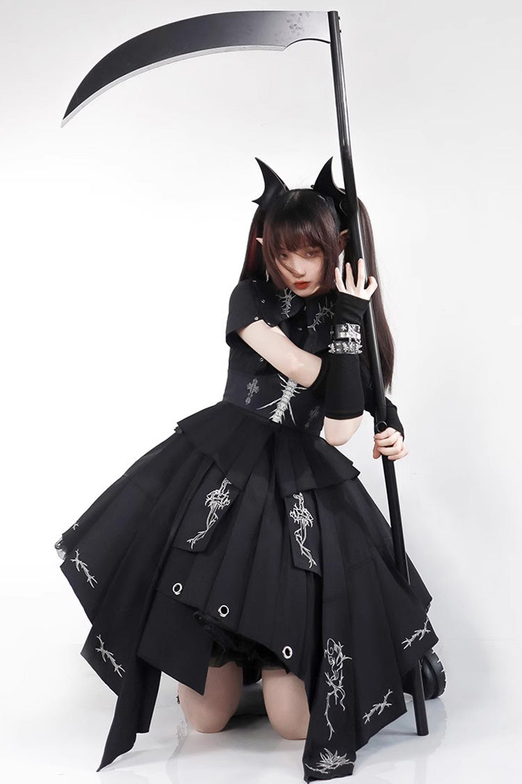 Schwarzes, kurzärmliges Lolita-Kleid mit Print im Gothic-Stil von Travelling Thorns