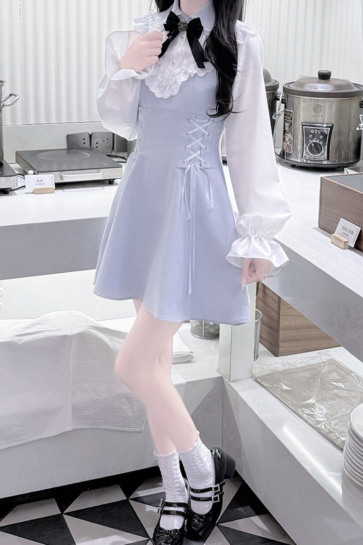 Robe Jirai Kei douce à manches longues aqua avec nœud et laçage 