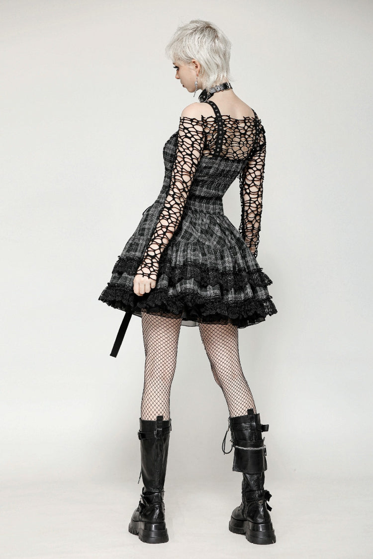 plaid slip dress Grey Sleeveless Layered Lace Hem Plaid Women's Punk Party Slip Dress Graduation Dress