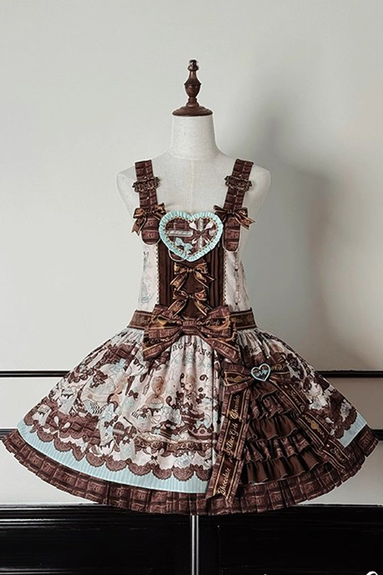 Brown [Teddy Bear Chocolate] Sleeveless Print Ruffle Side Cardigan Bowknot Asymmetric Sweet Lolita Strap Dress