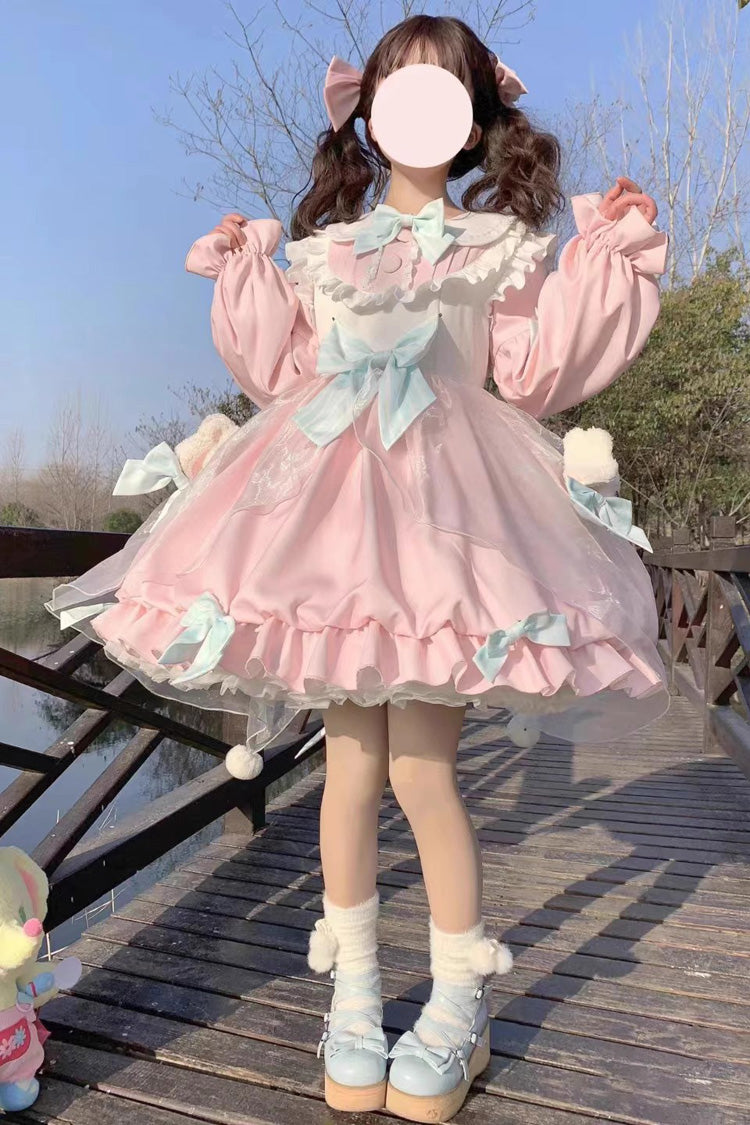 Süßes Lolita-Kleid mit langen Ärmeln und hoher Taille, Rüschen und Schleife, 3 Farben