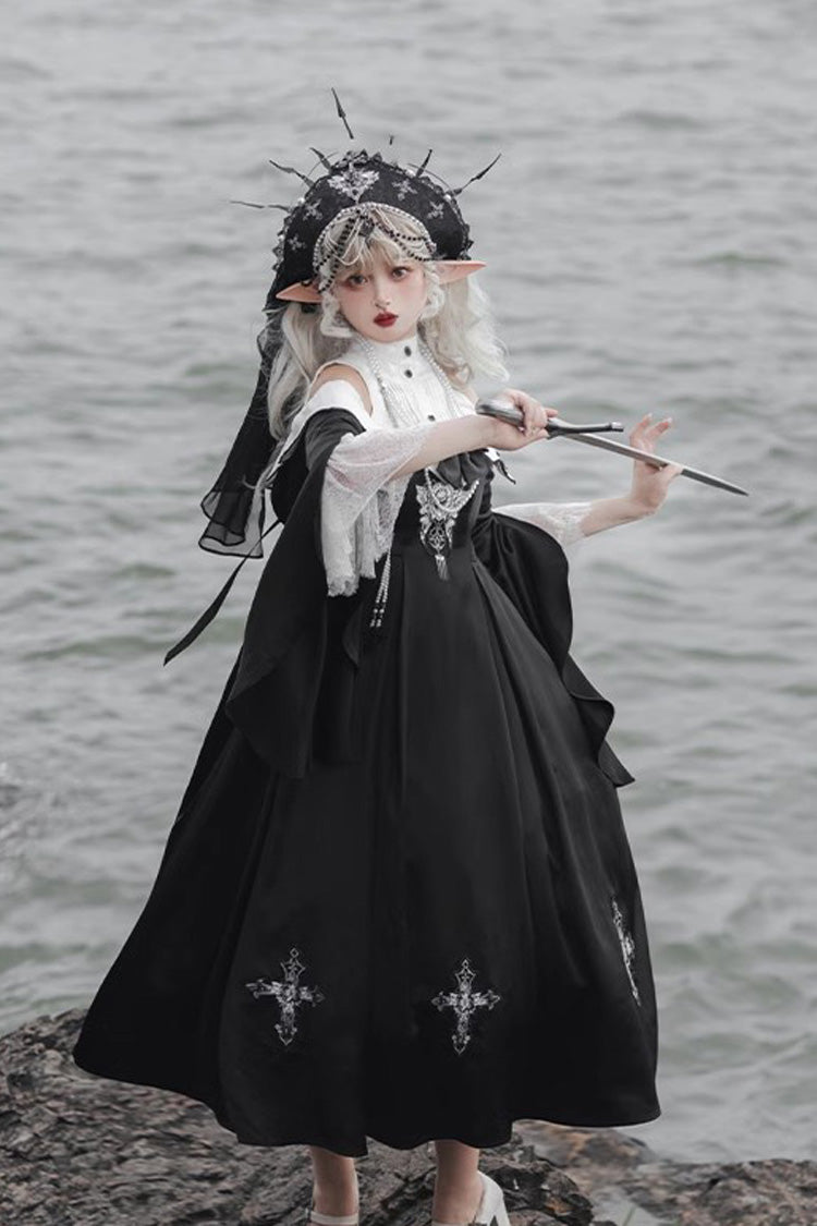 Black [Cross Nun] Stand Collar Off Shoulder Print Bowknot Gothic Elegant Lolita Dress