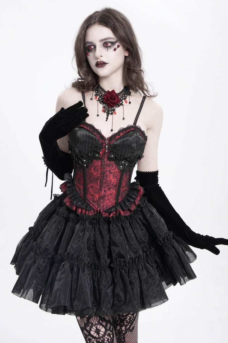 Rotes ärmelloses Rüschenstickerei-Schnürung Damen Gothic Tank Top 