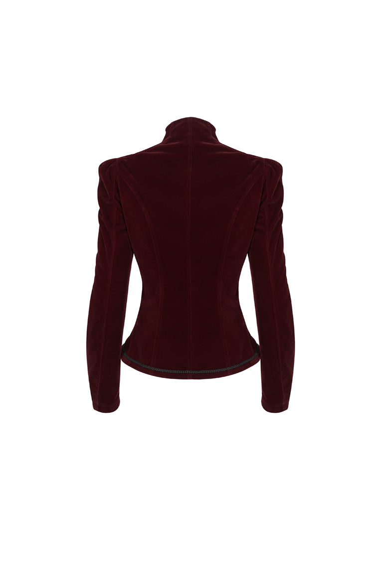 Red Stand Collar Velvet Applique On Chest Pendant Zipper Long Sleeve Women's Gothic Jacket