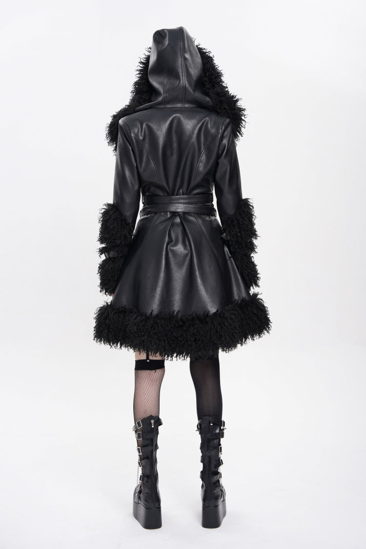 Black Long Sleeves Plush Stitching Buckle Hooded Straps Women's Punk Coat