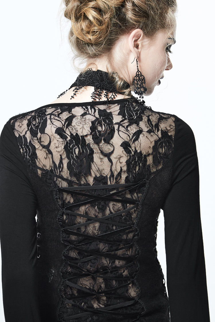 Black Asymmetric Lace Woolen Splice Rose Mesh Chest Hollow Applique Hem Women's Gothic Sweater