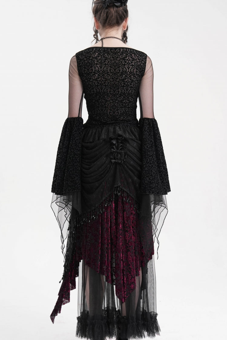 Black/Purple Tassels Mesh Women's Gothic Long Skirt