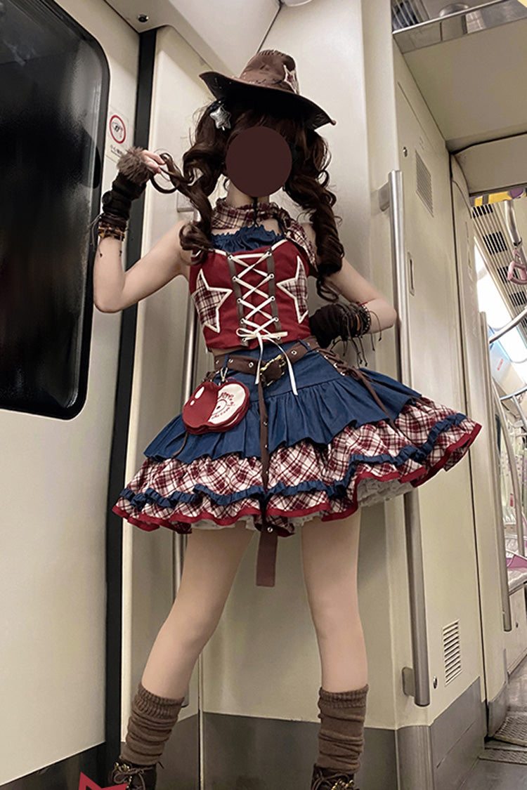 Red/Blue [Apple Trap] Triple-Layered Print Ruffle Lace-Up Sweet Lolita Jsk Dress Two-piece Set