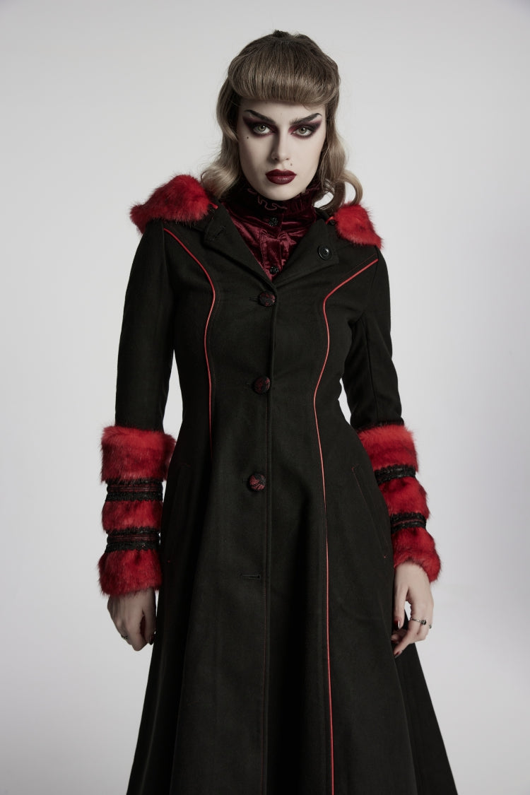 Schwarz/roter, langärmliger, abnehmbarer Damen-Gothic-Elegant-Luxus-Mantel mit Kapuze und Schnürung