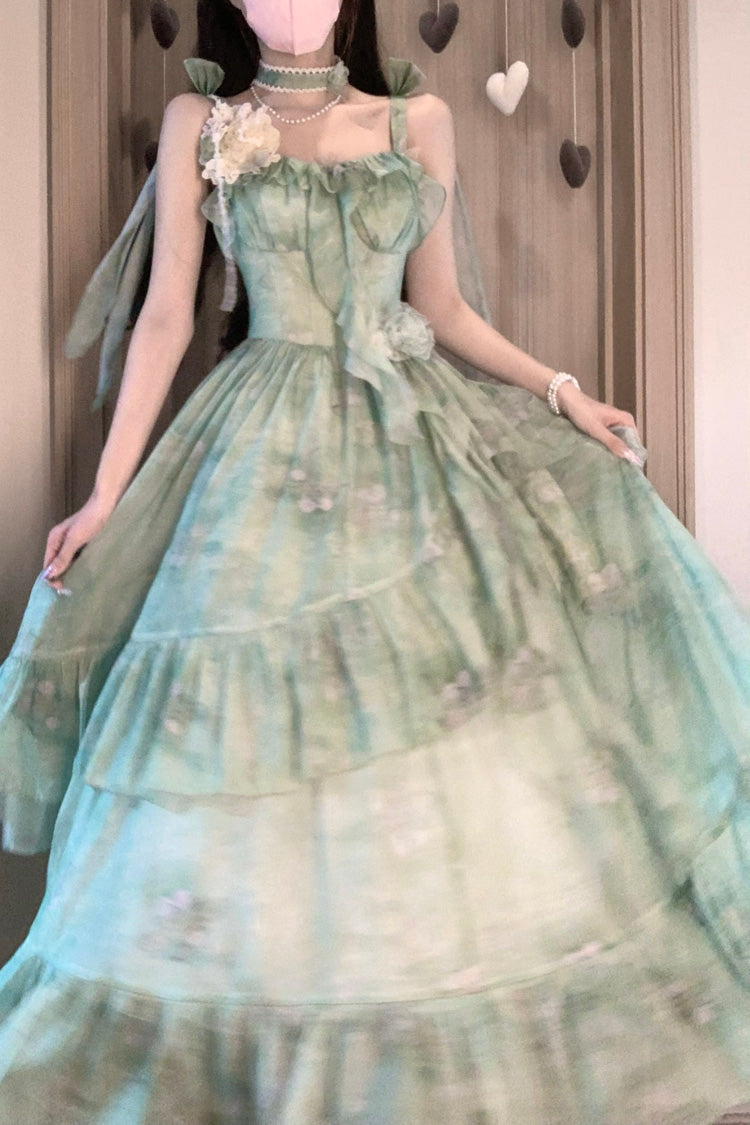 Green [Forest Garden] Print Ruffle Bowknot Sweet Lolita Jsk Long Dress