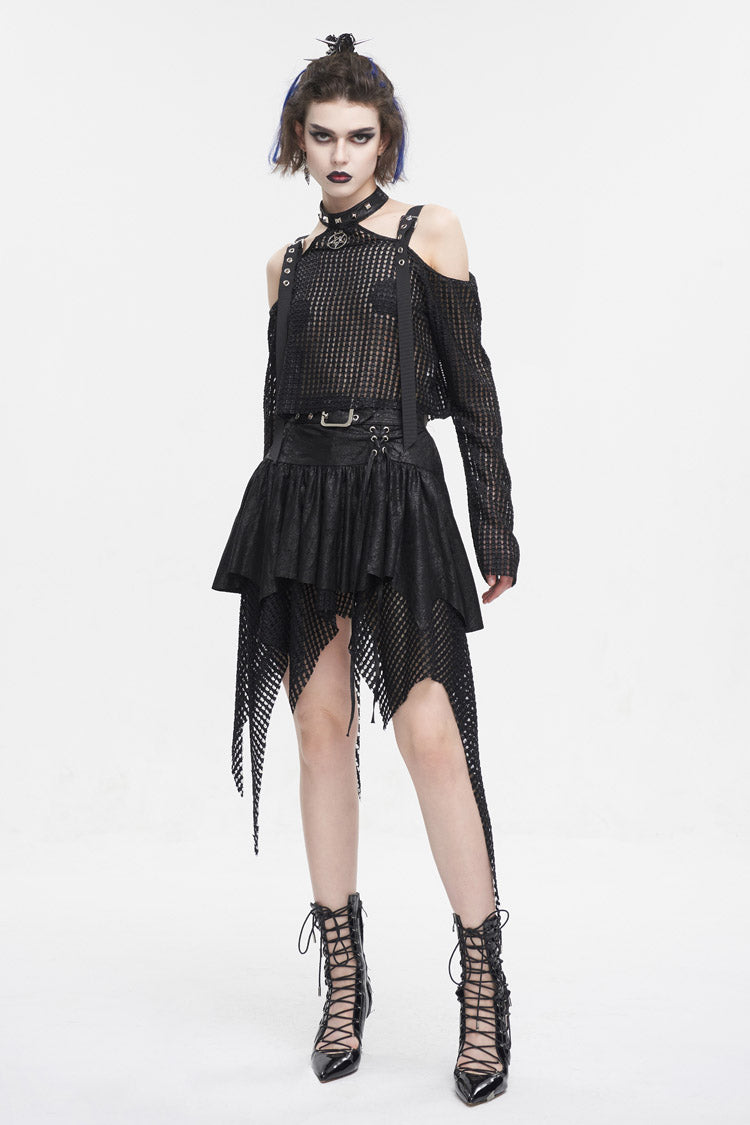 Black Lrregular Mesh Splice Buckle Women's Gothic Skirt