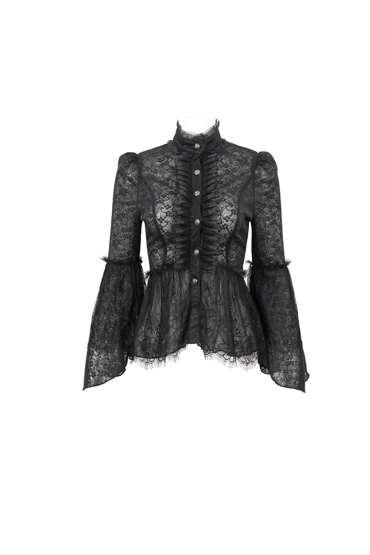 Black Lace Round Collar Flared Sleeved Women's Gothic Shirt