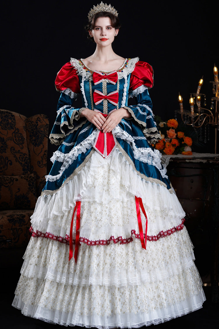 Blue/Ivory Round Collar Long Hime Sleeves Triple-Layered Ruffled Open-Front Bow Lace Classic Vintage Palace Lolita Victorian Dress