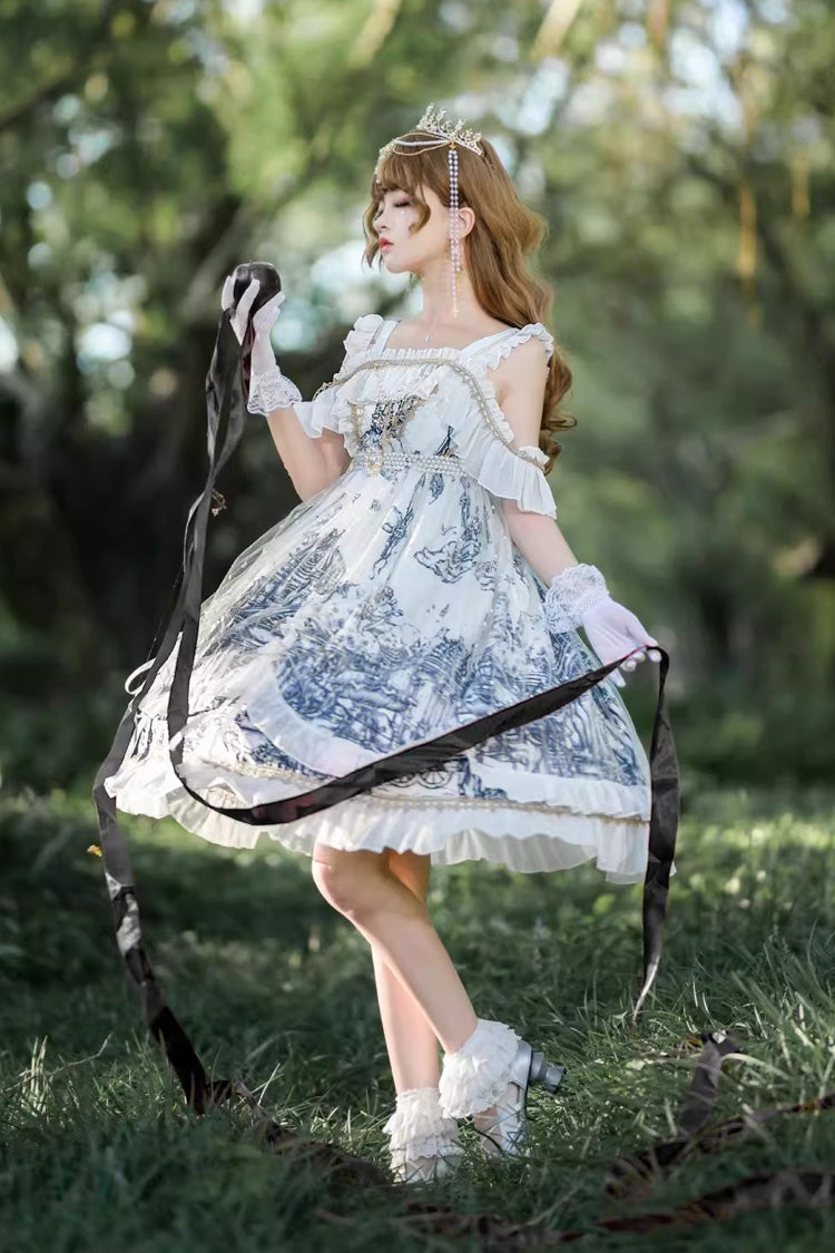 White [Castle Feast] Print Ruffle Bowknot Gothic Princess Lolita Jsk Dress