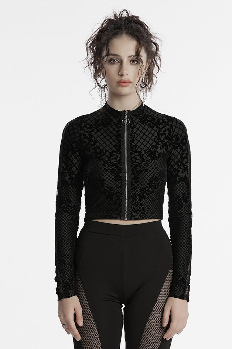 Black Long Sleeves Flocking Mesh Zipper Women's Gothic Jacket