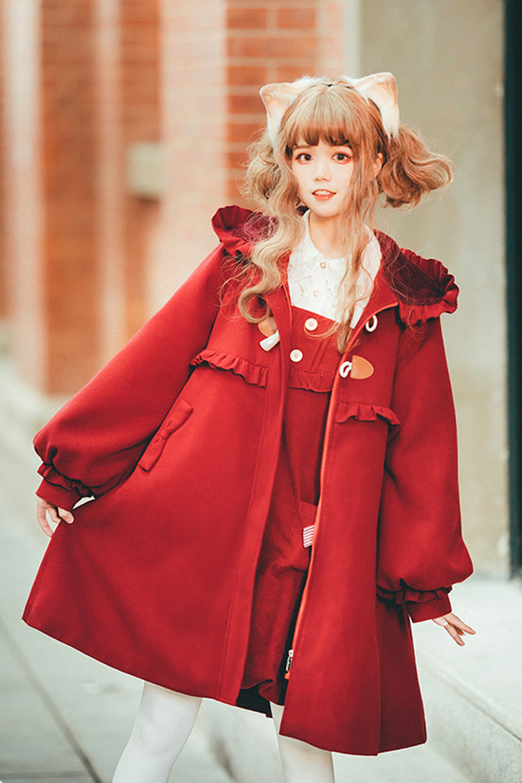 Red Cat Tail Long Sleeves Ruffle Bowknot Hooded Sweet Lolita Coat