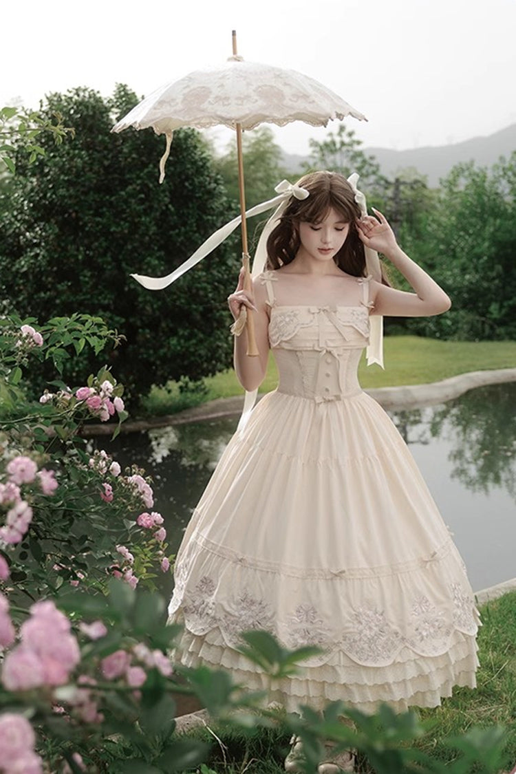 Abricot [Papillon Fantaisie] Robe Lolita Sweet Princess à Volants à Trois Couches avec Noeud Papillon Broderie en Dentelle Jsk 