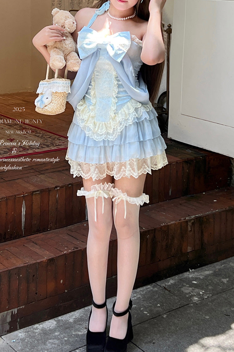 Blue [Antique Girl] Sleeveless Double-Layered Ruffle Bowknot Lace Sweet Lolita Two-piece Skirt Set